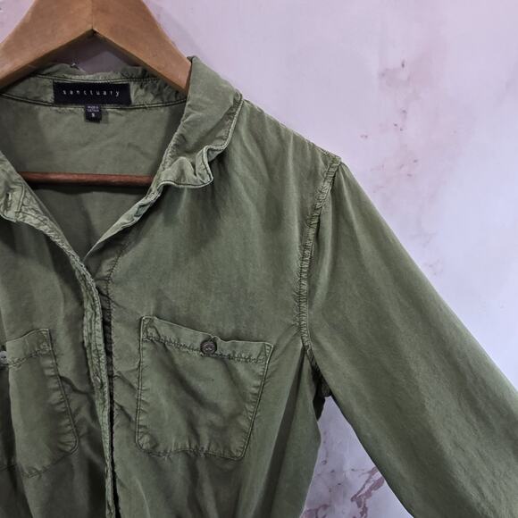 Anthropologie Dress Womens Small Green Tencel Button Mini Long Cut Out Knot - Picture 13 of 14